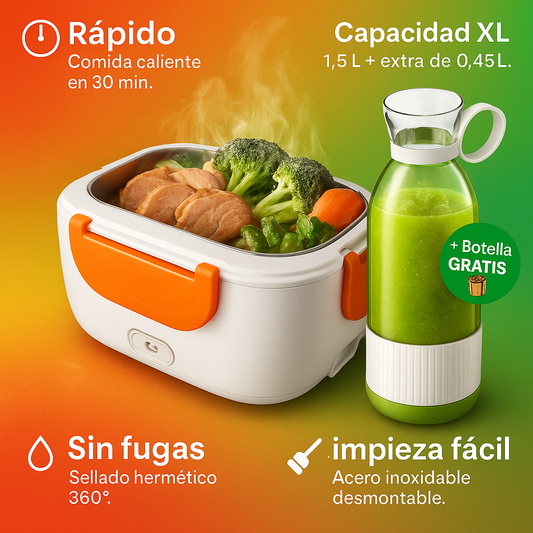 Fiambrera Eléctrica 4 en 1 – Comida Caliente en 30 Min + Botella de Regalo
