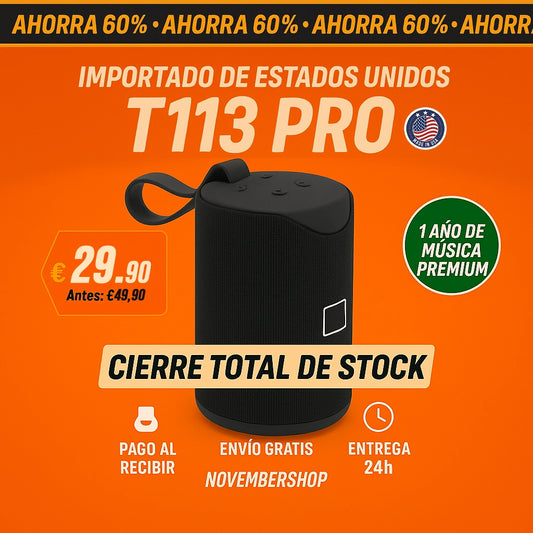 T113 PRO Altavoz Bluetooth 10W — Sonido 360°, Batería 4h y Soporte Móvil