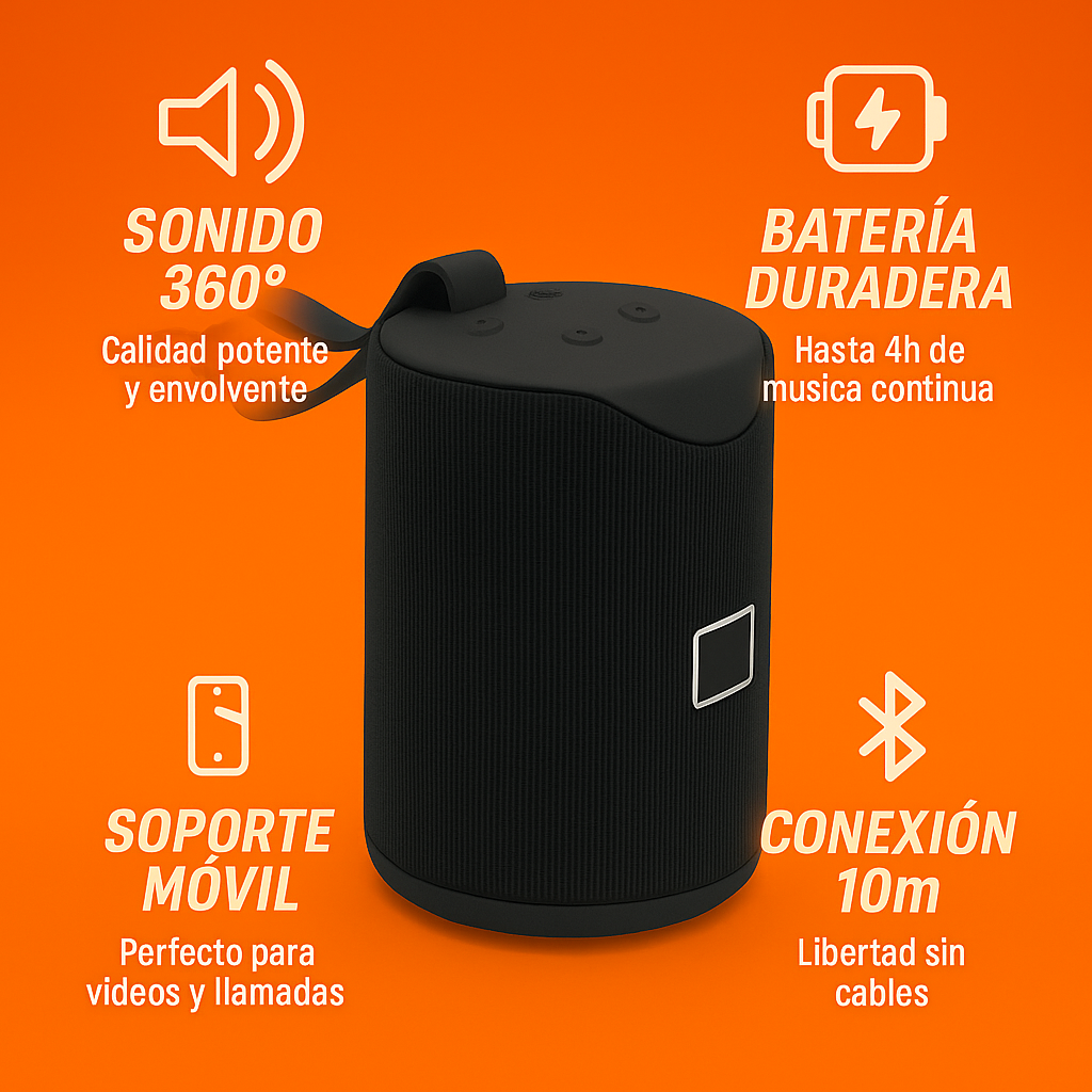 T113 PRO Altavoz Bluetooth 10W — Sonido 360°, Batería 4h y Soporte Móvil