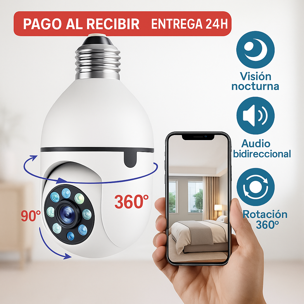 Cámara de Seguridad WiFi 360° en Bombilla con Visión Nocturna y Audio Bidireccional