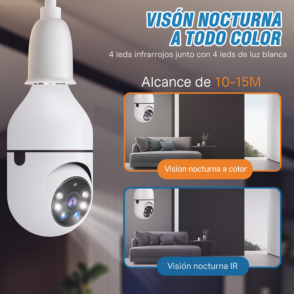 Cámara de Seguridad WiFi 360° en Bombilla con Visión Nocturna y Audio Bidireccional