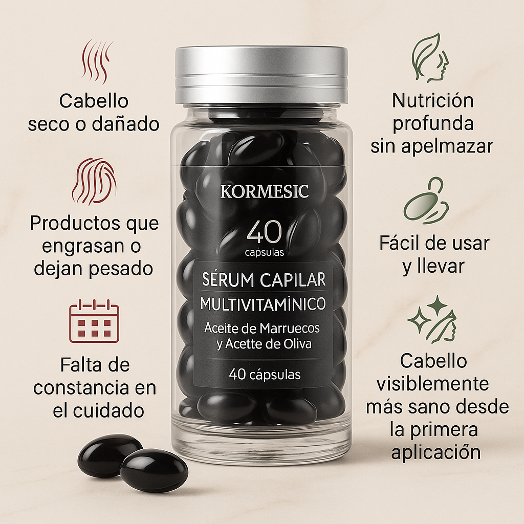 Sérum Capilar Multivitamínico de Aceite de Marruecos y Aceite de Oliva – 40 Cápsulas | Kormesic