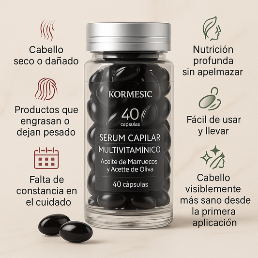 Sérum Capilar Multivitamínico de Aceite de Marruecos y Aceite de Oliva – 40 Cápsulas | Kormesic