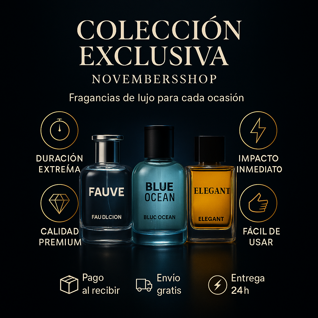 PIDE 1 Y LLÉVATE 3 PERFUMES - FAUVE • BLUE OCEAN • ELEGANT