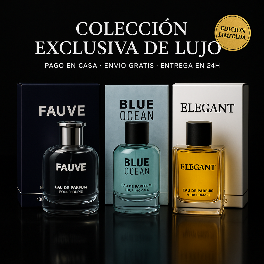 PIDE 1 Y LLÉVATE 3 PERFUMES - FAUVE • BLUE OCEAN • ELEGANT
