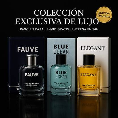 PIDE 1 Y LLÉVATE 3 PERFUMES - FAUVE • BLUE OCEAN • ELEGANT